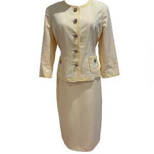 90s 2PC SUNSHINE YELLOW KASPER GINGHAM 3/4 SLEEVE JACKET & MIDI PENCIL SKIRT